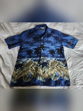Motorcycle Blue Hawaiian Palm Print Casual Button-Down Shirt